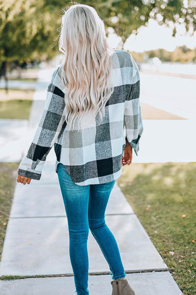 Stylish Women's Gray Plaid Color Block Long Sleeve Jacket with Pockets - Versatile Outerwear for Every Occasion