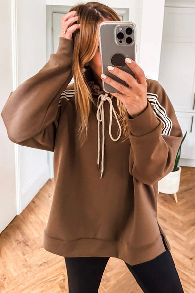 cozy women's chestnut striped drawstring hoodie - relaxed fit for casual preppy style and everyday comfort made for easy styling and wardrobe with