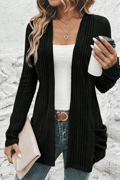 Stylish Women's Black Ribbed Knit Cardigan with Pockets - Comfortable Open Front Layer for Versatile Outfits