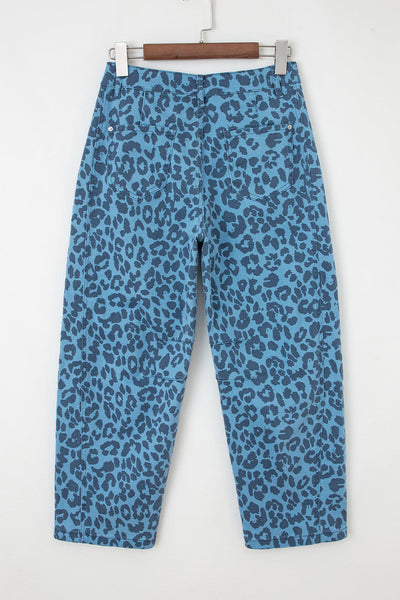 Women's High-Waist Leopard Print Straight Leg Jeans in Sky Blue
