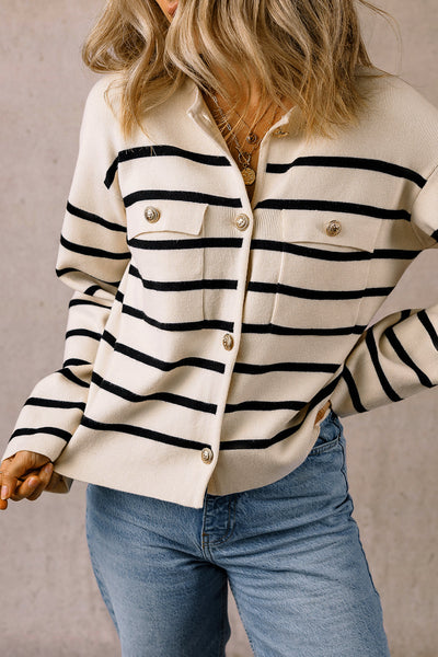 Stylish Women's Black Striped Cardigan Sweater with Flap Pockets and Button Closure for Effortless Layering