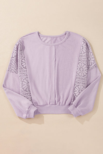 Chic Women's Orchid Petal Knit Sweatshirt with Crochet Accents, Exposed Seams, and Cozy Ribbed Trim for Effortless Style