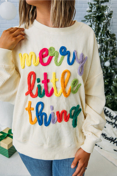 Beige Ribbed Loose Sweatshirt for Women with Corded Letter Graphic - Cozy Casual Top for Effortless Everyday Style
