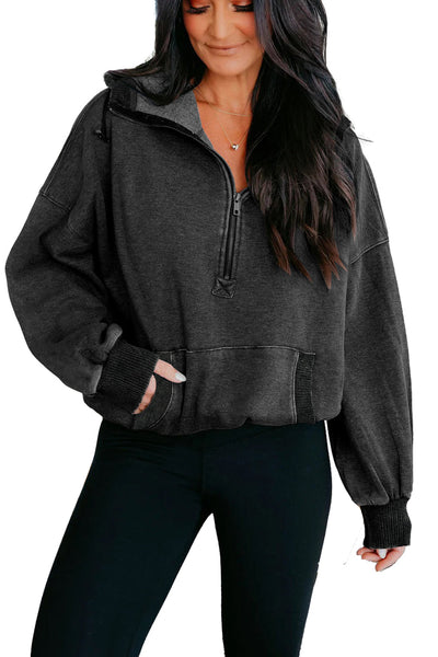 Cozy Women's Black Mineral Wash Half Zip Hoodie with Kangaroo Pocket - Relaxed Fit for Effortless Casual Style