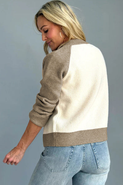 Women's Ribbed Color-Block Bomber Cardigan in Cream and Taupe