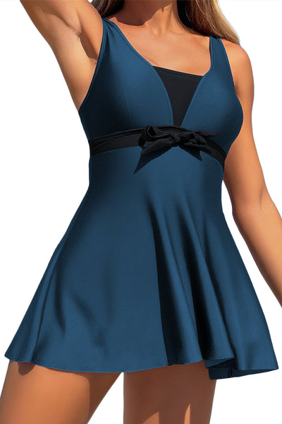 Women's Sail Blue Color Block Fit and Flare Swim Dress with Bow made for easy styling and wardrobe coordination, with premium-like structure and