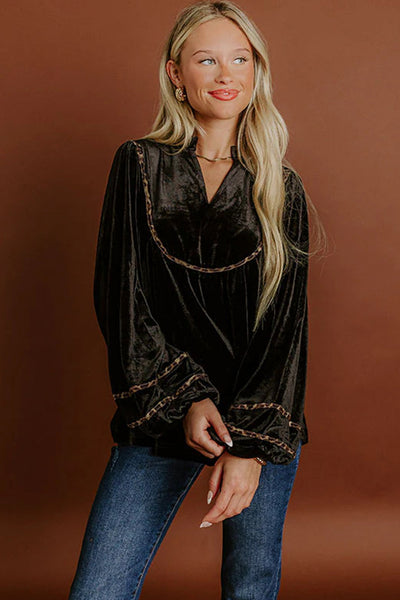 Elegant Women's Black Velvet Puff Sleeve Top with Notched Neck and Leopard Trim - Chic Casual Fashion Statement