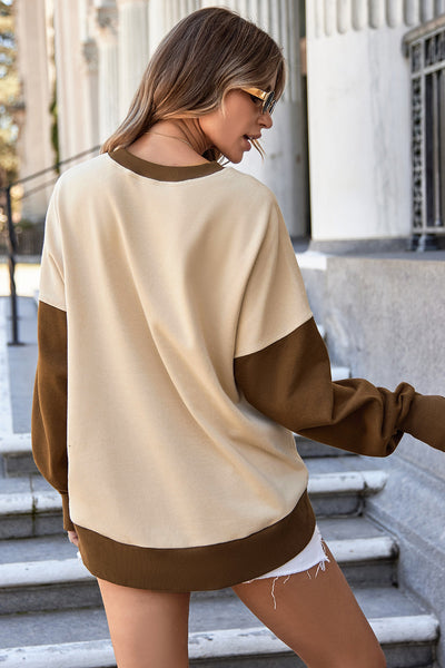 Women's Apricot Color Block Sweatshirt with Thumbhole Sleeves & Drop Shoulder for Stylish Casual Comfort