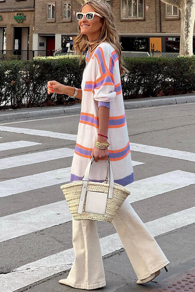 Stylish Women's Beige Striped Long Sleeve Cardigan with Ribbed Trim and Button Details for Effortless Everyday Elegance