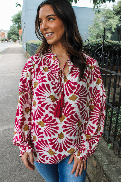 Chic Women's Red Floral Blouse with Tassel Tie Neck - Long Sleeve Top for Trendy Spring Fashion