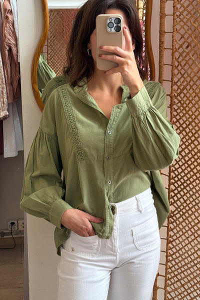 Women's Grass Green Puff Sleeve Lace Blouse - Trendy Drop Shoulder Shirt for Effortless Chic Style and Comfort