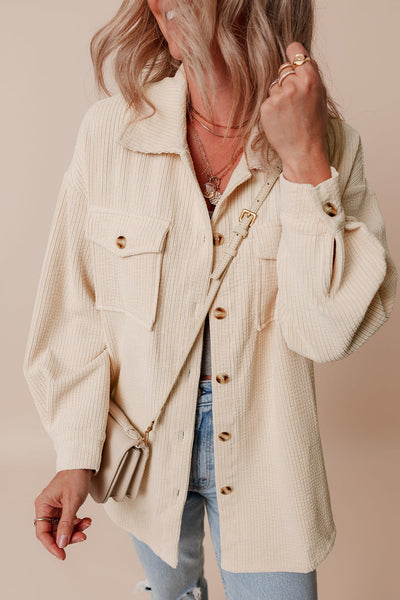 Cozy Women's Oatmeal Corduroy Shacket with Flap Pockets - Casual Button-Up Layer for Stylish Fall Outfits