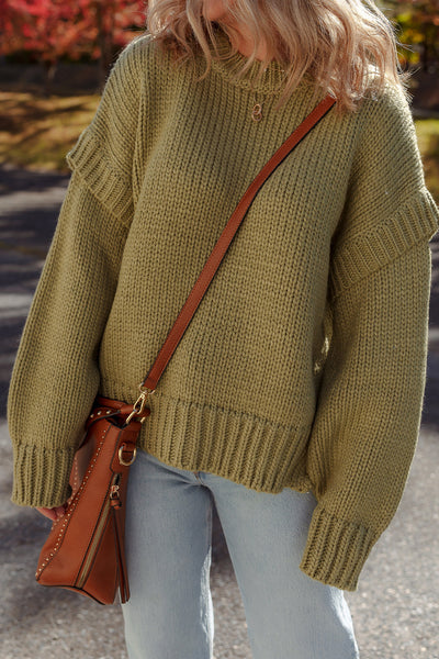 Cozy Guacamole Green Ruffled Sweater for Women - Relaxed Fit Chunky Knit for Effortless Style and Comfort