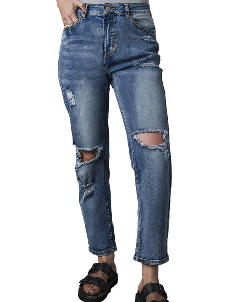 Ripped Cutout Fringe Hem Casual Jeans