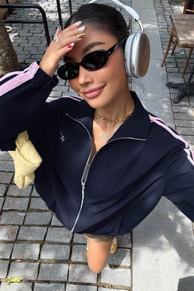 Women's Casual Dirty Blue Zip-Up Sweatshirt Jacket with Stylish Bow Embroidery - Perfect for Everyday Comfort