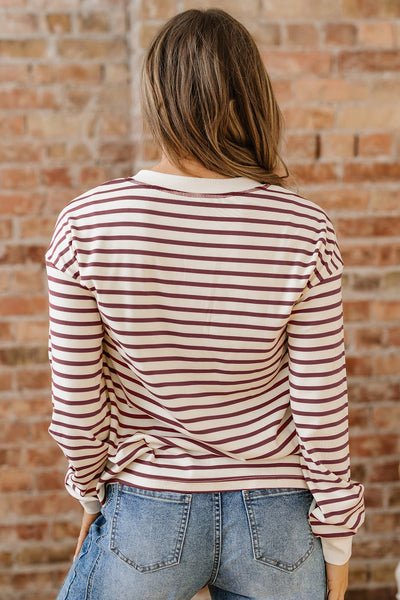 Women's Relaxed Striped Henley Top in Red Dahlia and Cream with practical styling and dependable silhouette control.