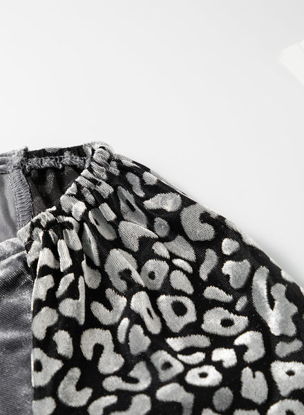 stylish women's medium grey leopard print velvet blouse with trendy lantern sleeves for a comfortable, chic look made for easy styling and wardrobe