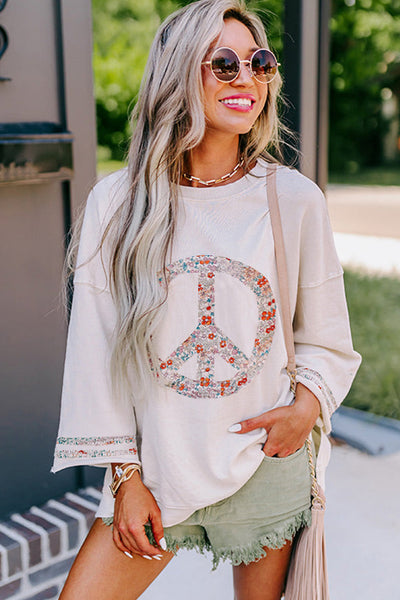 Women's Jet Stream Floral Peace Sign Graphic Tee with Drop Shoulder, Wide Sleeves, and Casual Fit for Everyday Wear made for easy styling and wardrobe
