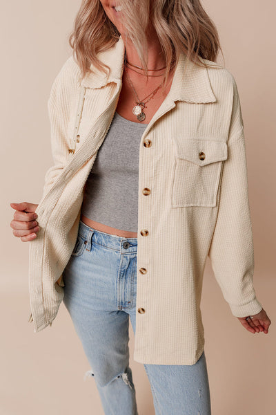 Cozy Women's Oatmeal Corduroy Shacket with Flap Pockets - Casual Button-Up Layer for Stylish Fall Outfits
