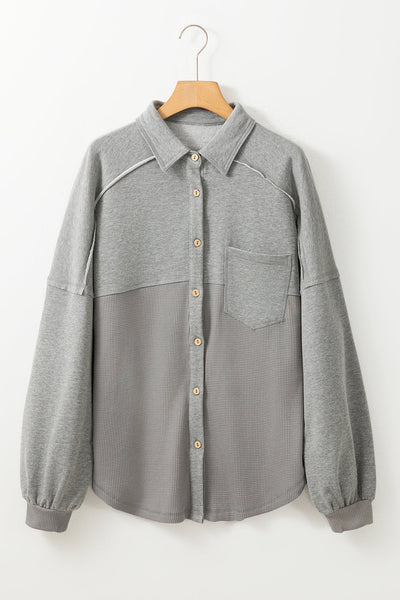 Women's Grey Mixed-Texture Waffle Knit Shacket with Exposed Seams