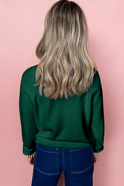 Women's Cozy Blackish Green Christmas Raglan Sweater with Festive Letter Print for Holiday Cheer and Comfort