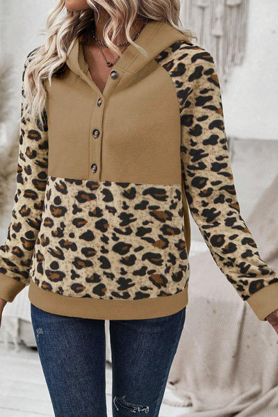 Light Beige Leopard Print Patchwork Hoodie for Women - Casual Raglan Sleeve Design with Half Buttons