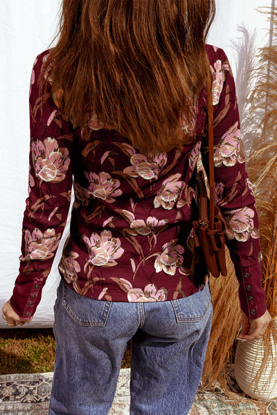 Women's Casual Chic Red Floral Waffle Long Sleeve Top Effortless Everyday Style for Modern Fashionistas