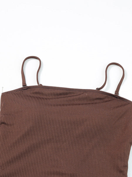 Ribbed Coffee Boho Drawstring Monokini Swimsuit