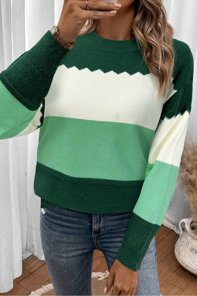 Women's Cozy Green Colorblock Drop Shoulder Sweater - Chic Crew Neck Knit Pullover for Casual Everyday Wear