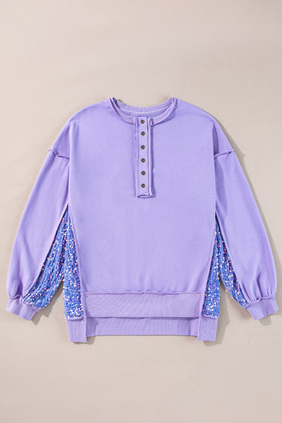 Women's Trendy Lilac Sequin Patchwork High Low Henley Sweatshirt - Stylish and Comfortable Pullover for Effortless Chic
