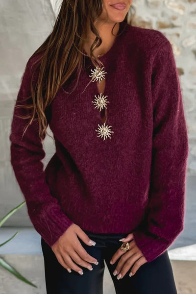 Stylish Red Dahlia Women's Casual Sweater with Solar Button Neck Comfortable Everyday Wear for Effortless Style