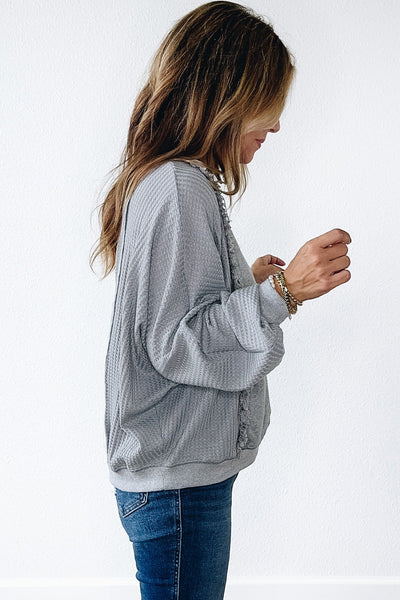 Women's Light Grey Waffle Knit Long Sleeve Pullover Top with Raw Hem and Patchwork Detail for Casual Comfort