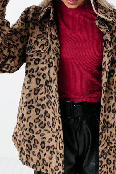 Cozy Women's Khaki Leopard Print Fleece Shacket with Button Flap Pockets Perfect Casual Layer for Fall & Winter
