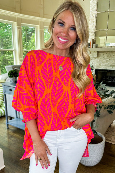 Women's Rose Tropical Leaf Print Smocked Puff Sleeve Blouse