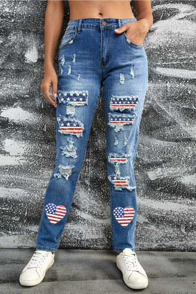 Women's Sky Blue Heart Flag Patch Frayed Jeans with American Flair