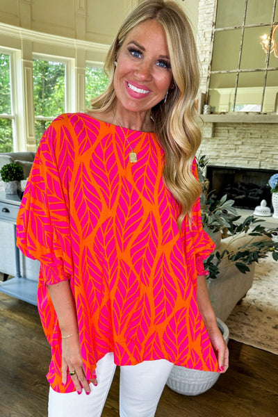 Women's Rose Tropical Leaf Print Smocked Puff Sleeve Blouse