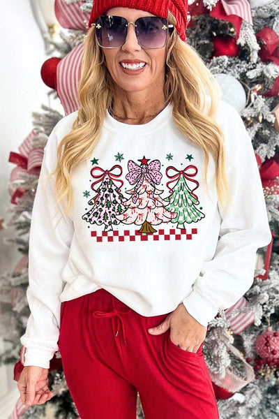 Women's White Bow Christmas Tree Graphic Sweatshirt