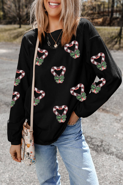 Women's Black Heart Candy Cane Sequin Fleece Sweatshirt