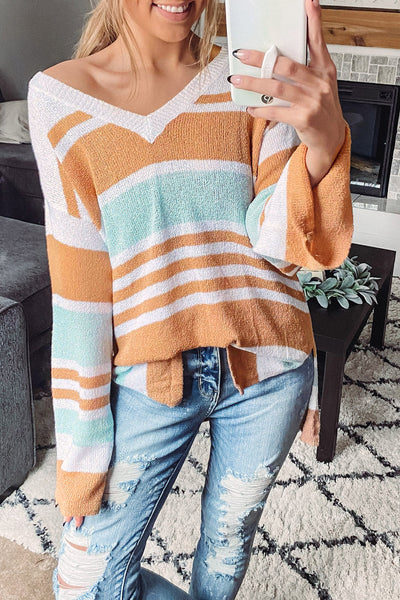 Trendy Women's Multicolor Colorblock Stripe Sweater with Split Hem - Long Sleeve Stylish Knit for Effortless Layering