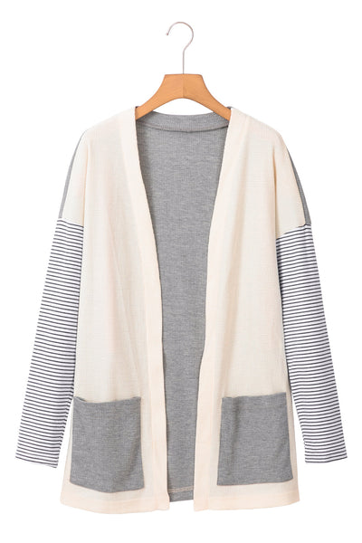 Trendy Women's Black and White Stripe Colorblock Cardigan with Pockets  Stylish Open Front Layer for Casual Chic Outfit