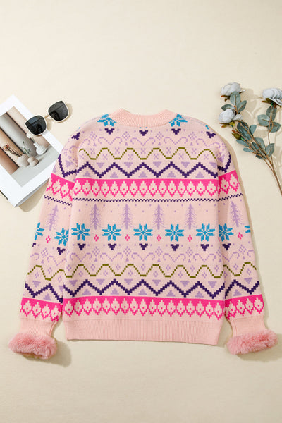 Cozy Women's Multicolor Ethnic Christmas Sweater with Feather Cuffs - Perfect for Stylish Holiday Festivities
