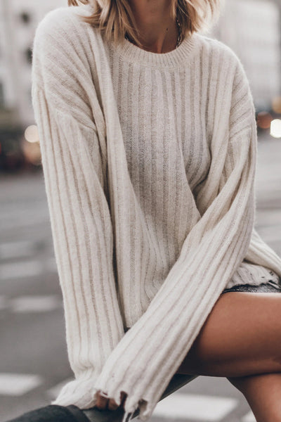 Cozy Women's Slouchy Jet Stream Ribbed Knit Sweater with Distressed Edges for a Casual Chic Look