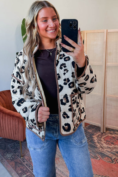 Khaki Leopard Print Quilted Jacket with Contrast Trim with practical styling and dependable silhouette control.