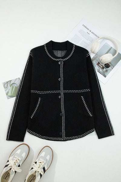 Women's Contrast Trim Knit Cardigan in Midnight Black