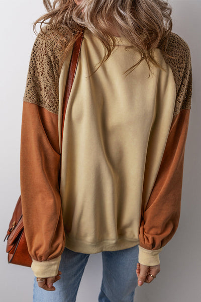 Trendy Women's Khaki Colorblock Sweatshirt with Lace Patchwork Drop Shoulder Style for Ultimate Comfort and Fashion