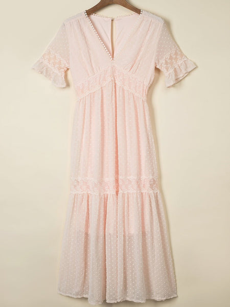 Women's V-Neck Ruffle Sleeve Swiss Dot Midi Dress