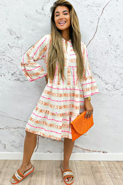Bohemian Summer Orange Printed Ruffled Dress for Women with Bracelet Sleeves and Slit Neck - Relaxed Fit & Stylish