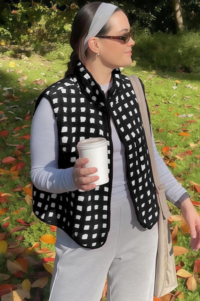 Cozy Women's Black Checkered Plush Winter Vest with Zip-Up Closure for Stylish Layering and Warmth