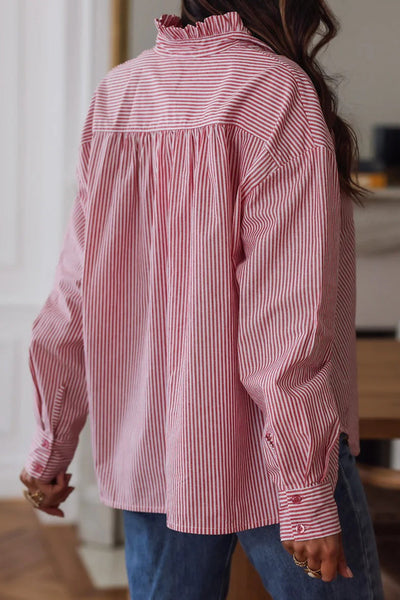 Women's Casual Pink Striped Button-Down Shirt with Frill Collar and Chest Pocket - Relaxed Fit for Effortless Style