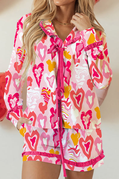 Women's Cute Pink Heart Print Lounge Set with Frilled Trim and Tie Front - Comfy Summer Outfit for Relaxed Days